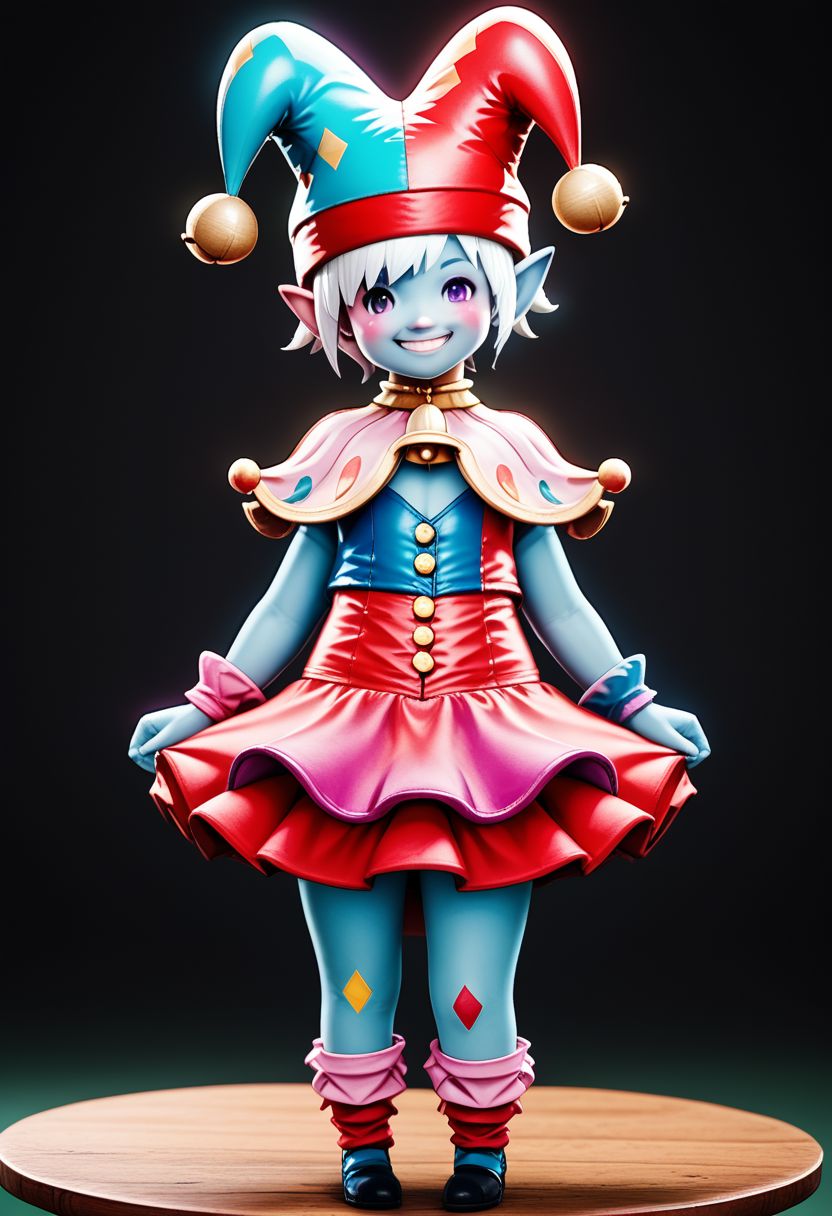 lalatater, lalafell, solo, 1girl, hat, jester cap, skirt, bell, standing, colored skin, looking at viewer, full body, short hair, smile, white hair, chibi, puntable BREAK PonyXLV6_Scores