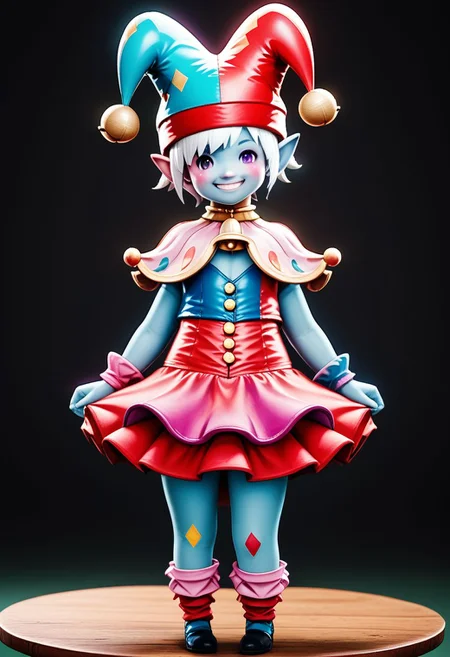 lalatater, lalafell, solo, 1girl, hat, jester cap, skirt, bell, standing, colored skin, looking at viewer, full body, short hair, smile, white hair, chibi, puntable BREAK PonyXLV6_Scores