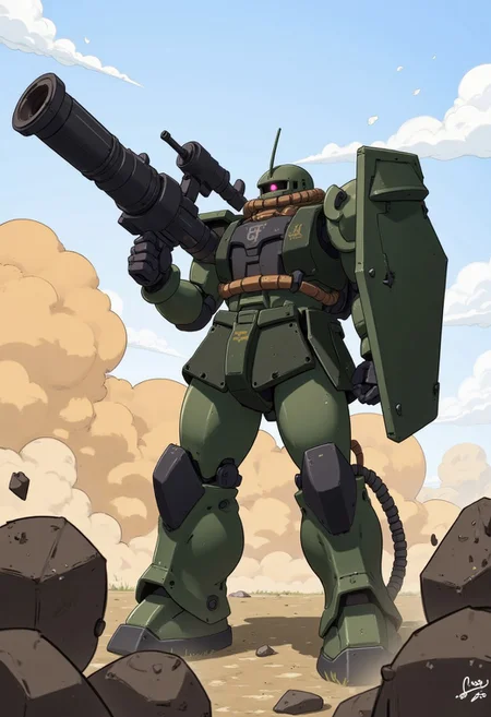 Create a dynamic and detailed illustration of a Zaku II mobile suit in the midst of combat. The Zaku II,best quality,masterpiece,highly detailed,ultra-detailed,
<lora:neg4all_bdsqlsz_V3.5:-1>
<lora:zaku:1> day, dirty, holding weapon, machinery, mecha, mobile suit, model kit, no humans, radio antenna, redesign, robot, science fiction, shield, shoulder spikes, solo, standing, weapon, zaku, zeon, <lora:cartoonisationer-V4-8:0.75><lora:cartoonisationer:0.75> <lora:cartoonisationer-21st_ce:1.25>