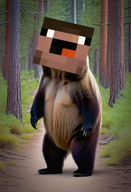 a bear in the woods, square head<lora:sendnoobs-sdxl-adam-e:1>