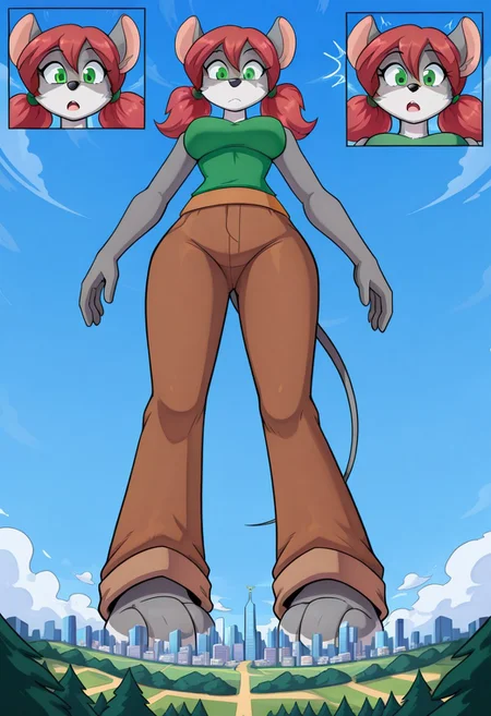2d, illustration, high quality, absurdres BREAK 1girl, solo, nicky_ts, anthro, furry female, mouse ears, mouse tail, green eyes, red hair, twintails, medium breasts, green shirt, sleeveless, brown pants, looking at viewer, shocked, outdoors, dwarfing,gigantic body,giga giantess, detailed giantess,detailed cityscape, taking up the whole screen, newest, highres, masterpiece, extreme detail, giantess, landscape dwarfing,impact,standing, growth lines,close-up, looking down at viewer, from below,((full body view)),body fur, gigantic feet, park, trees, blue sky