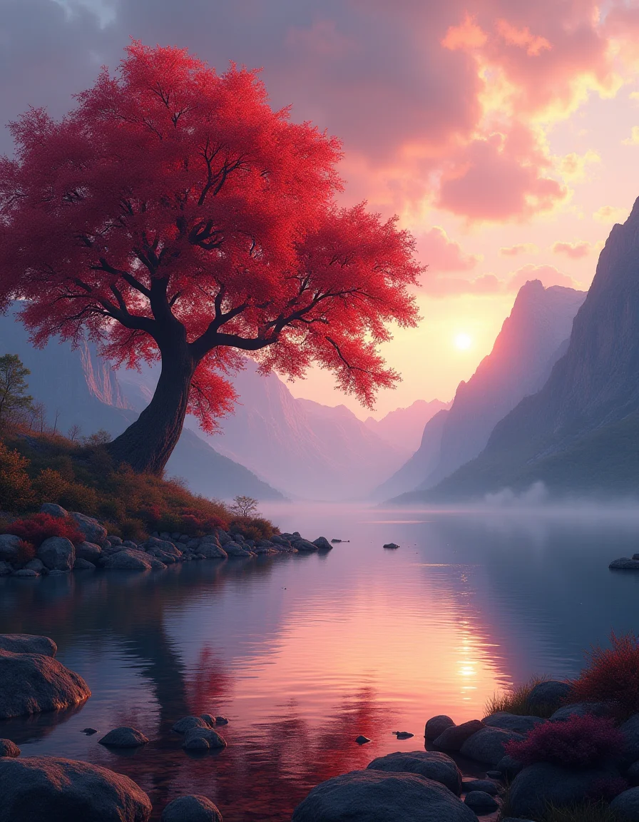 Another World in a far distance galaxy.a serene landscape with a large red tree standing by a calm lake at sunset, surrounded by majestic mountains.
