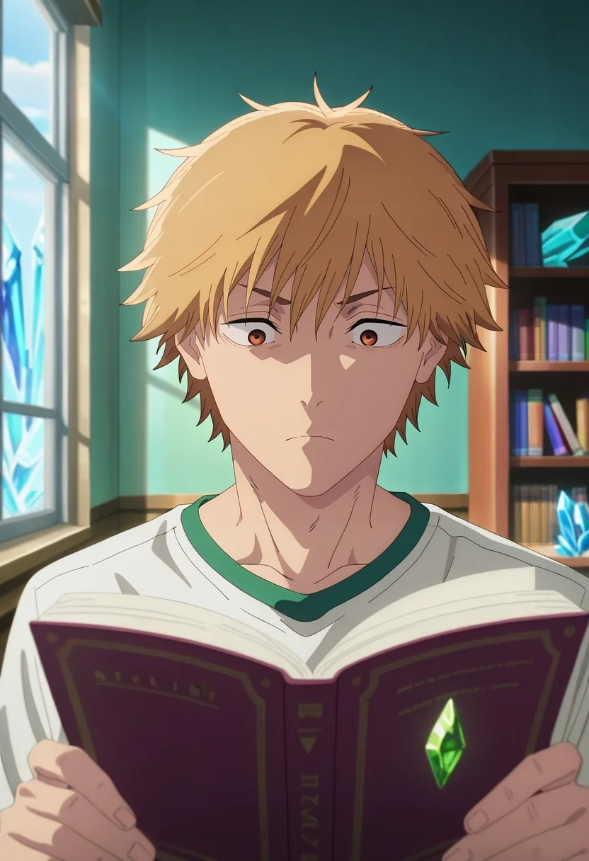 masterpiece, best quality, , anime screencap, anime coloring, , , 1boy, solo, male focus, <lora:denji_chainsaw_man_ilxl:1>, denji_chainsaw_man, blonde hair, brown eyes, short hair, bangs, , crystal library, gem shelves, light reading rooms, study crystals, reading pose, absorbed expression, prismatic light, day of the dead costume