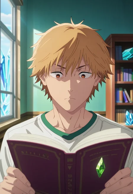 masterpiece, best quality, , anime screencap, anime coloring, , , 1boy, solo, male focus, <lora:denji_chainsaw_man_ilxl:1>, denji_chainsaw_man, blonde hair, brown eyes, short hair, bangs, , crystal library, gem shelves, light reading rooms, study crystals, reading pose, absorbed expression, prismatic light, day of the dead costume