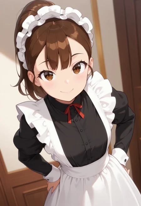 masterpiece,best quality,amazing quality, sylvia, brown hair, ponytail, brown eyes, 1girl, solo, smile, maid, maid headdress, looking at viewer, apron