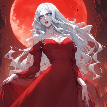 source_anime, ((score_9)),score_8_up,score_7_up,score_6_up,score_5_up,score_4_up, 1woman, carmilla_(castlevania), castlevania_(netflix), castlevania style, castl3van1a5tyl3, (Masterpiece), (anime, illustration), 4k, high res, highest quality, ray tracing, perfect eyes, BREAK, A beautiful woman stands in a tight-fitting, red dress, Carmilla, carmilla_(castlevania), 1woman, vampire, pale skin, albino, red dress, long dress, pauldrons, long hair, white hair, long hair, (blue eyes:1.2), by a window, Red sky, full moon, castle,