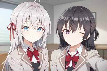score_9, score_8_up, score_7_up, source_anime, 2girls, sitting, looking at viewer, smile, upper body, blurry background, indoors, room, BREAK
<lora:alya_anime_v2-soralz:0.9>, alya, long hair, silver hair, ahoge, crossed bangs, hair ribbon, sidelocks, blue eyes, school uniform, grey jacket, open jacket, long sleeves, red bow, white shirt, collared shirt, black vest, buttons, black dress,
ADDCOL
<lora:yuki_suou_anime_v4-soralz:0.9>, yuki suou, black hair, long hair, half updo, hair between eyes, purple eyes, school uniform, grey jacket, open jacket, long sleeves, red bow, white shirt, collared shirt, black vest, buttons, black dress, one eye closed, selfie,