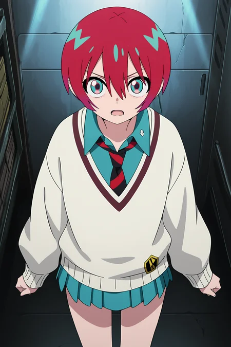 volumetric lighting, official style, amazing quality, ultra detailed, highres, detailed background, anime screenshot, anime screencap, anime coloring, masterpiece, detailed face,1girl <lora:Amate_Yuzuriha__:0.8>Amate_Yuzuriha, red hair, skirt, solo, necktie, open mouth, school uniform, short hair, multicolored eyes, pleated skirt, sweater, looking at viewer