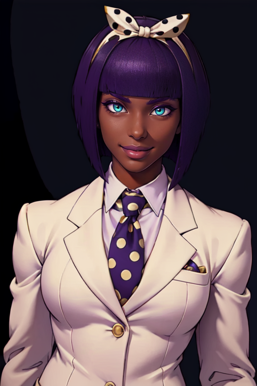 masterpiece,best quality,extreme detail,8k,<lora:menat-10:0.8>,menat2, 1girl, solo, looking at viewer, smile, short hair, bangs, simple background, bow, jewelry, green eyes, jacket, upper body, purple hair, hairband, necktie, alternate costume, dark skin, blunt bangs, aqua eyes, official alternate costume, dark-skinned female, lips, makeup, formal, bob cut, white jacket, suit, polka dot, lipstick, black background, eyeshadow, very dark skin