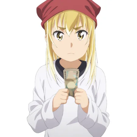 sharp focus, masterpiece, source_anime, (anime_screencap:1.2), absurd res, best quality, BREAK
<lora:Anzu_hinamatsuri_IL_v0.8:1>, anzu_il, anzu_ver2, 1girl, solo, blonde_hair, bangs, hair_between_eyes, yellow_eyes, white_sleeved_tunic, red_headscarf, holding_paper_money, white background, simple background