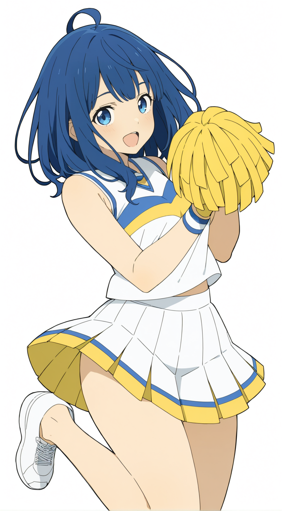 8k, best quality, masterpiece, (ultra-detailed), (high detailed skin), (flat color:0.7), 
(white background,simple background:1.3), solo, (full body:1.1), looking at viewer, 
<lora:Yanami_Anna-a3-Tanger:0.7>, Yanami Anna, 1girl, blue hair, blue eyes, 
cheerleader,