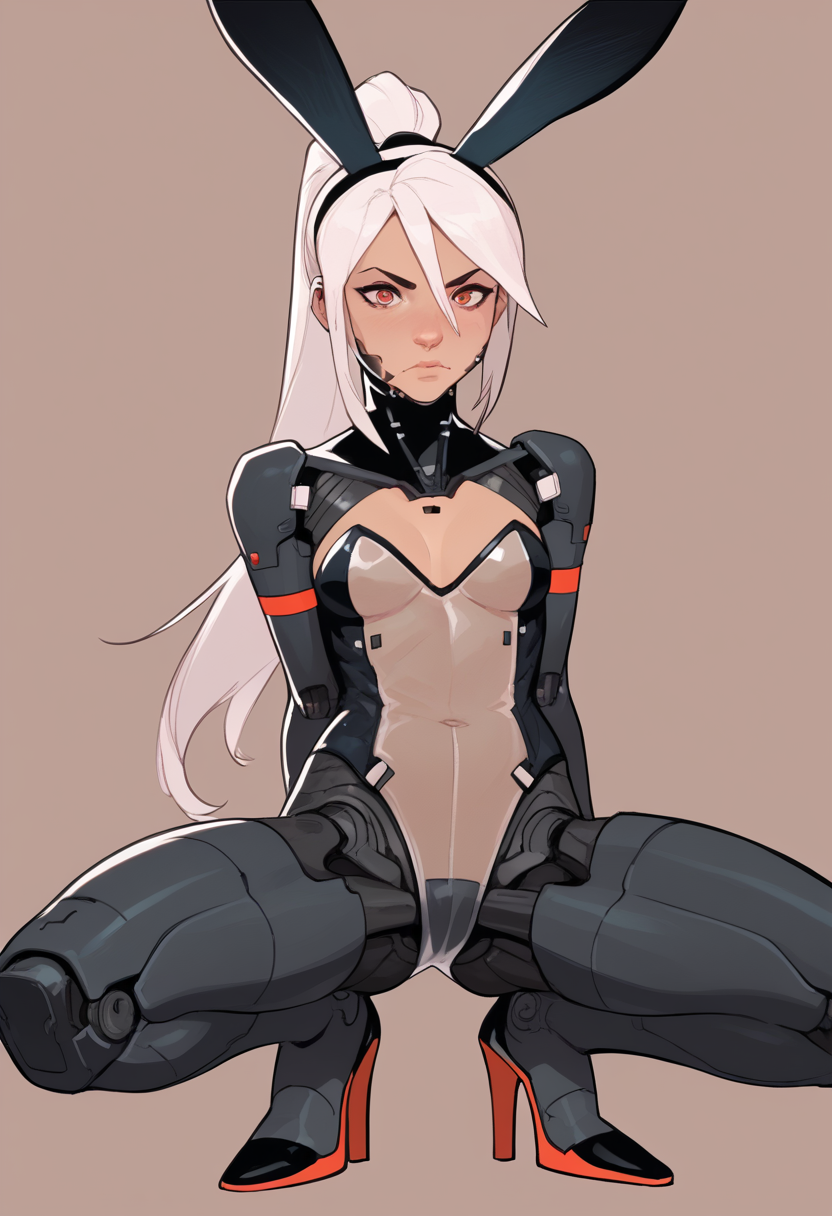 <lora:signalis_elster_ponyXL:1>, elster, cyborg, bodysuit,,score_9, score_8, score_7, source_anime, 1girl, white hair, long hair, ponytail, red eyes, transpbun, squatting, high heels <lora:transpbun:0.8>,  brown background, simple background, see-through bunnysuit, source_explicit, pov crotch,