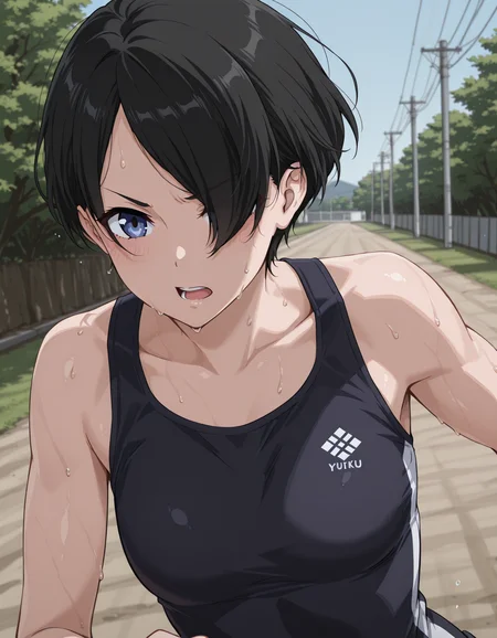 <lora:Yuka_Okitsu_ILXL:0.8> okitsu yuka, short hair, black hair, hair over one eye, parted bangs, blue eyes <lora:athleticgirls_IL:0.6> athletic girl
1girl, solo, running, trail, upper body, sweat