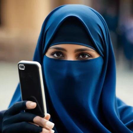 cinematic film still of <lora:burqa:1>
a woman in a black and blue niqÄb is holding a cell phone burqa style, shallow depth of field, vignette, highly detailed, high budget, bokeh, cinemascope, moody, epic, gorgeous, film grain, grainy