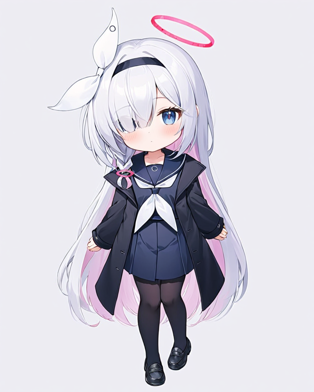plana \(blue archive\),1girl, solo, halo, white_background, full_body, black_skirt, simple_background, pleated_skirt, black_footwear, hair_over_one_eye, long_sleeves, looking_at_viewer, shoes, paper, black_pantyhose, sailor_collar, black_serafuku, chibi, white_neckerchief, blush, black_shirt, holding, bow_hairband, closed_mouth, coat, white_hairband, hair_ribbon, sleeves_past_wrists
<lora:plana_(blue_archive)_image5824_2023-12-03-000009:1>halo. gorgeous,key visual, vibrant, studio anime,award-winning, professional, highly detailed,high budget, cinemascope