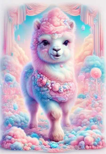 (cute llama made of candy:0.9), cottoncandy, cute, no humans, solo, elaborate, (ultra realistic:1.1), (masterpiece, shiny:1.2), best quality, pastel colors, extremely detailed, intricate, detailed background, safe_pos