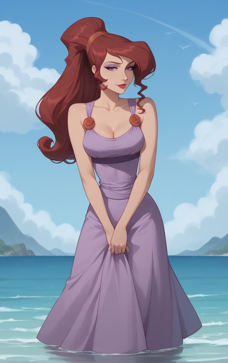score_9, score_8_up, score_7_up, BREAK
MainOutfit_Megara_ownwaifu, 
1girl, big hair, breasts, curly hair, eyelashes, hair bun, high ponytail, long hair, makeup, narrow waist, purple eyes, purple eyeshadow, red hair, red hairband, red lips, lipstick, medium breasts, dark skin, dark-skinned female, hair over one eye, collarbone, 
purple dress, sleeveless dress, cleavage, clothes around waist, sleeveless, bare shoulders, long dress,
(wading, beach), head tilt, sidelighting, ocean, sky, water, caustics, cowboy shot, <lora:PONYXL_Hercules_Megara_ownwaifu:0.85> , depth of field, solo,