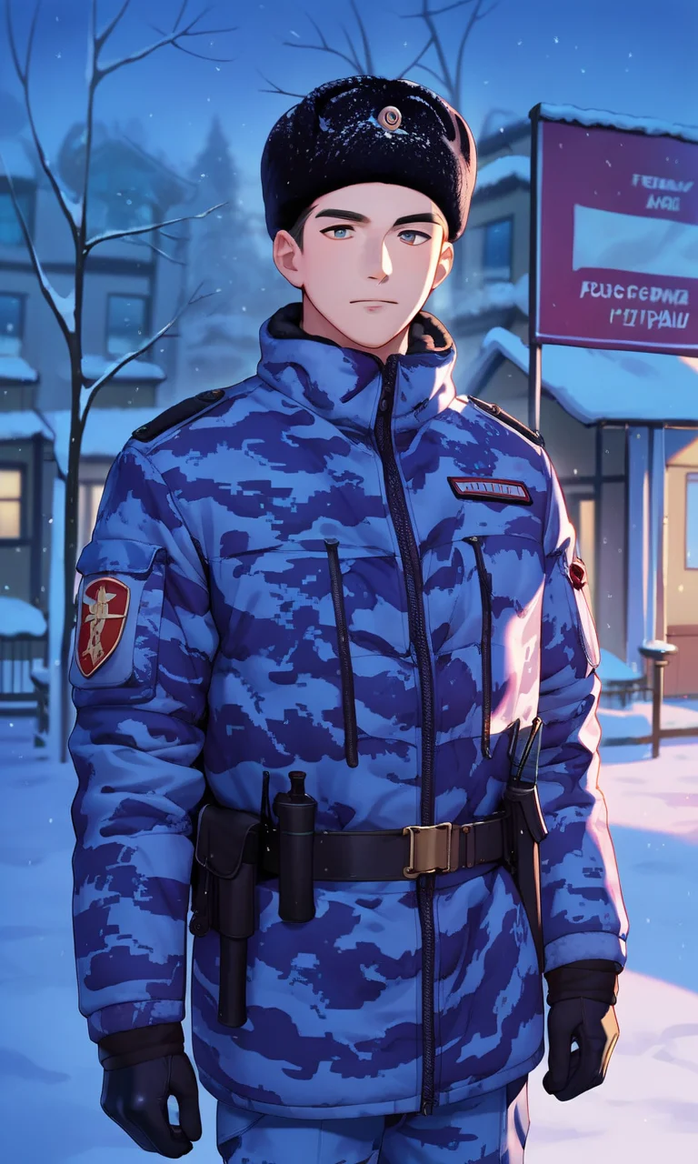 anime studio, anime artwork, anime artstyle, vibrant, score_9, score_8_up, score_7_up, source_anime, 1boy, solo, glavakolhoza_rosgvardiya, outdoors, snowy, military uniform, (dark blue camouflage:1.2), winter jacket, winter cap, unit patch, standing, looking at viewer, <lora:glavakolhoza_rosgvardiya:0.8>