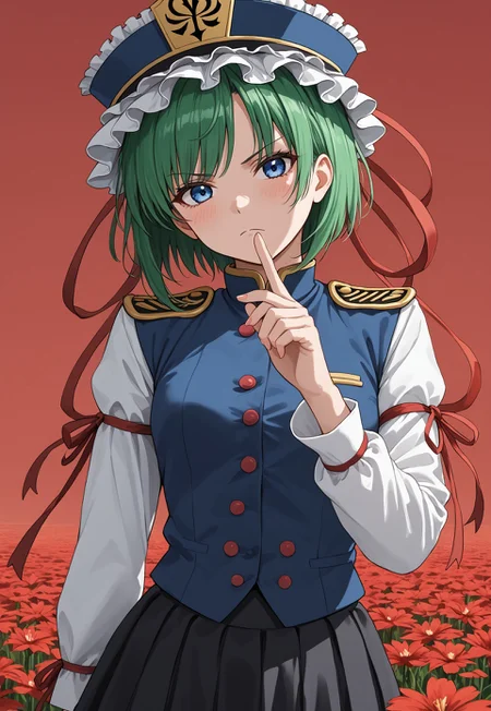 safe_pos, 1girl, solo, solo focus, highres, absurdres, shikieiki, green hair, frilled hat, blue eyes, blue headwear, short hair,

long sleeves, black skirt, white shirt, blue vest, red ribbon, epaulettes, small breasts, arm ribbon, buttons, 

looking at viewer, head tilt, serious, hand up, shushing,

red spider lily, flower field, red sky, dark, red theme,