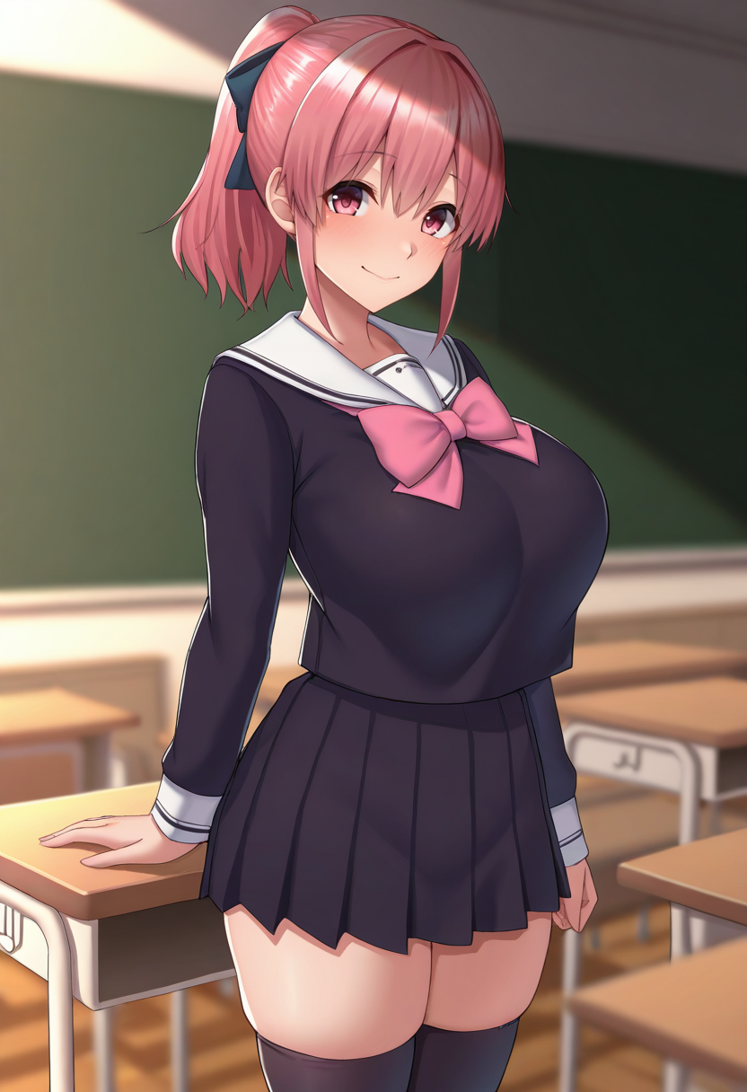 masterpiece, best quality, <lora:doraiaskazuyo:1> d0r414sk4z0y0, 1girl, solo,standing,looking at viewer, happy, closed mouth,pink hair, ponytail, pink eyes, large breasts, school uniform, bow, long sleeves, skirt, skindentation, thighhighs, indoors, classroom,