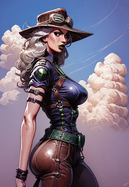 safe_pos, score_9, score_8_up, score_7_up, cel-shading,looking back, from behind, side view, side boob, side ass, rivals, arcan3styl3v1, gyrogirl, MYLF, milf, motherly, mature female, hat with goggles, green lips, cape, ((chest harness, leather straps)), navy shirt, groin, high-cut leotard, hip cutout, belt, low-raise pants, cloudy background, tilting, jojo pose, SHARP_DETAIL, HDR, TEXTURES, DETAILED_TEXTURE, UNSHARP, CRISP_DETAIL, DYNAMIC REFLECTIONS, high contrast, vivid lighting, rendered artistically, impressive, extremely detailed, ultra realistic, linquivera, rim light, BREAK thick lineart, cel-shading depicted in a dynamic pose with a cel-shading style. The character features bold outlines and distinct, flat color regions with no gradient mesh, maintaining separate color blocks, crossing hatching shading, half tone, tetradic colors