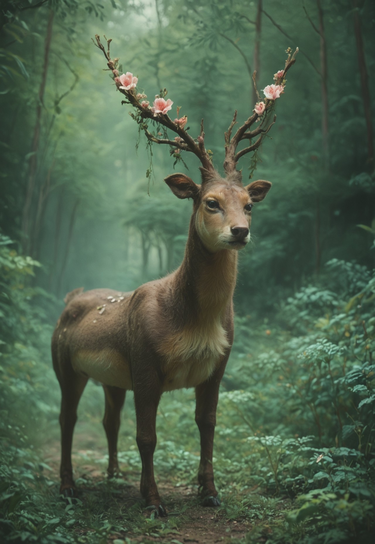 score_9, score_8_up, score_7_up, score_6_up, source_furry, dof, full-length portrait, solo, forest background, sawsbuck_spring, feral, deer