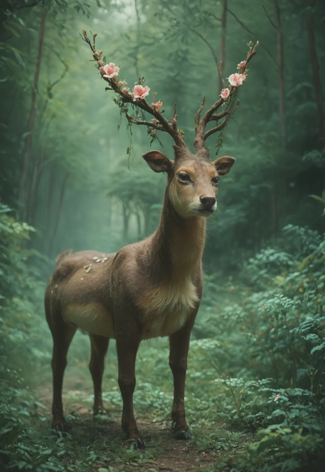 score_9, score_8_up, score_7_up, score_6_up, source_furry, dof, full-length portrait, solo, forest background, sawsbuck_spring, feral, deer