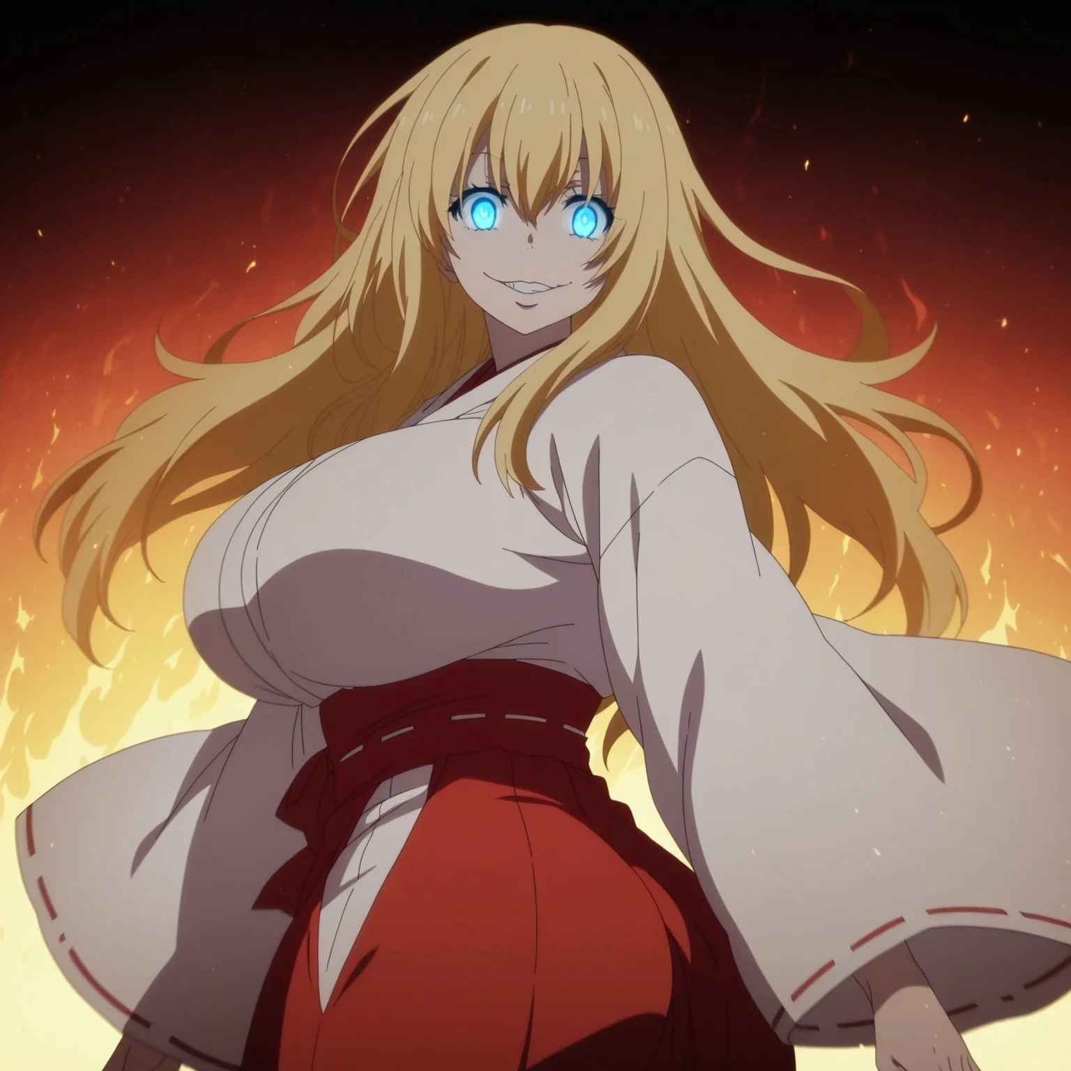 lazypos,anime screencap, 1girl, naughty smile, grin,
PillarAmaterasu, blonde hair, blue eyes, long hair, fire, wide hips, miko outfit, japanese temple, huge breast, (glowing eyes, sunny, twisted torso:1, japanese bacground)