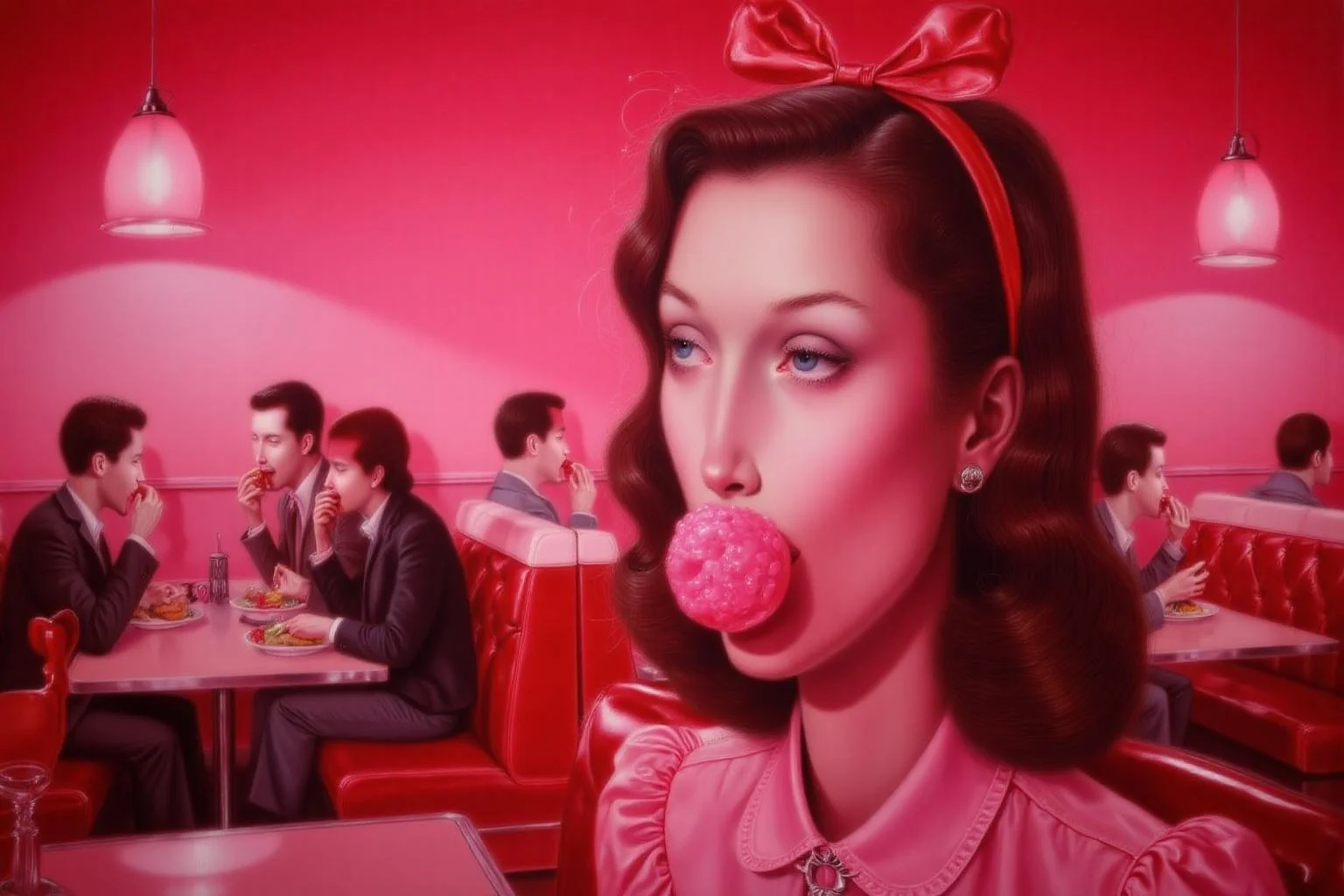 troybrooks1 painting
Close up of a wonman who's face is covered in pink bubble gum, sitting on the right in a diner in 1953. She has should length hair held with red Alice band. The diner has red booths and is full of people lauging and eating. <lora:troybrooks1_cap_d8a4e10:1.0><lora:854059694170325829:0>