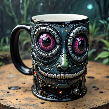 2d, sad scenery, elitist, a wild scifi good morning coffee mug, highly detailed, Psychadelic, natural lighting, Black, eerie,gritty robotics <lora:surrealism-v1:1> <lora:alien-species:.5>