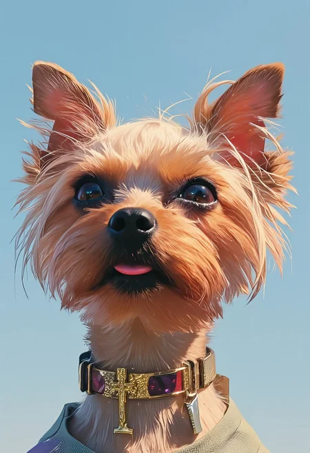 A hyper-detailed, avant-garde photograph featuring a striking Yorkshire Terrier named Allab with pale light brown fur, set against a serene, clear blue sky. The close-up shot accentuates the impeccable texture of its coat, enhanced by iridescent striped markings that stretch elegantly from one side of its face to the other, adding an artistic flair. Allab's eyes are mesmerizing, accented by shimmering metallic details that complement a bold, deep red color on its muzzle, creating a dramatic contrast with the pale fur. Large, intricately designed golden ear accessories shaped like Christian Holy Crosses gleam as they catch the light, contributing to Allab’s modern, sophisticated allure. The dog wears sleek, metallic urban Buddhist monk attire with a turtleneck that underscores its avant-garde aesthetic. The reflective surfaces of both the accessories and outfit interact dynamically with the environment, amplifying Allab’s futuristic presence. The minimalist background keeps the focus on this striking fashion-forward scene, captured with a Sony A7R IV camera and a 50mm f/1.2 G Master lens for an editorial-style shot. This composition merges contemporary fashion and minimalist elegance, drawing inspiration from avant-garde photographers like Sølve Sundsbø and blending mythp0rt and niji_flux styles into a high-fashion visual narrative.