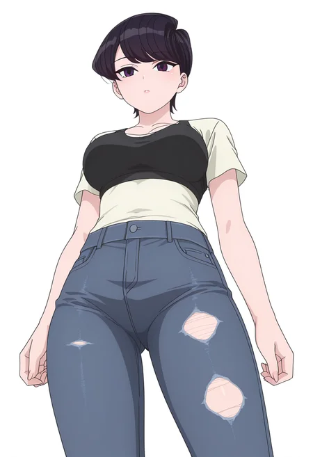 Smooth Quality,masterpiece,very intricate, high quality details, ultra realistic, high detailed skin,detailed enviorement,
simple background, white background,from below,uwu,
 torn pantyhose,  ,yukata,  ,sports bra,  , <lora:Komi_Shuuko_cnn:0.8> komishuukocnn, 1girl,black hair, short hair, bangs, purple eyes,mature female,shirt, jeans, short sleeves,