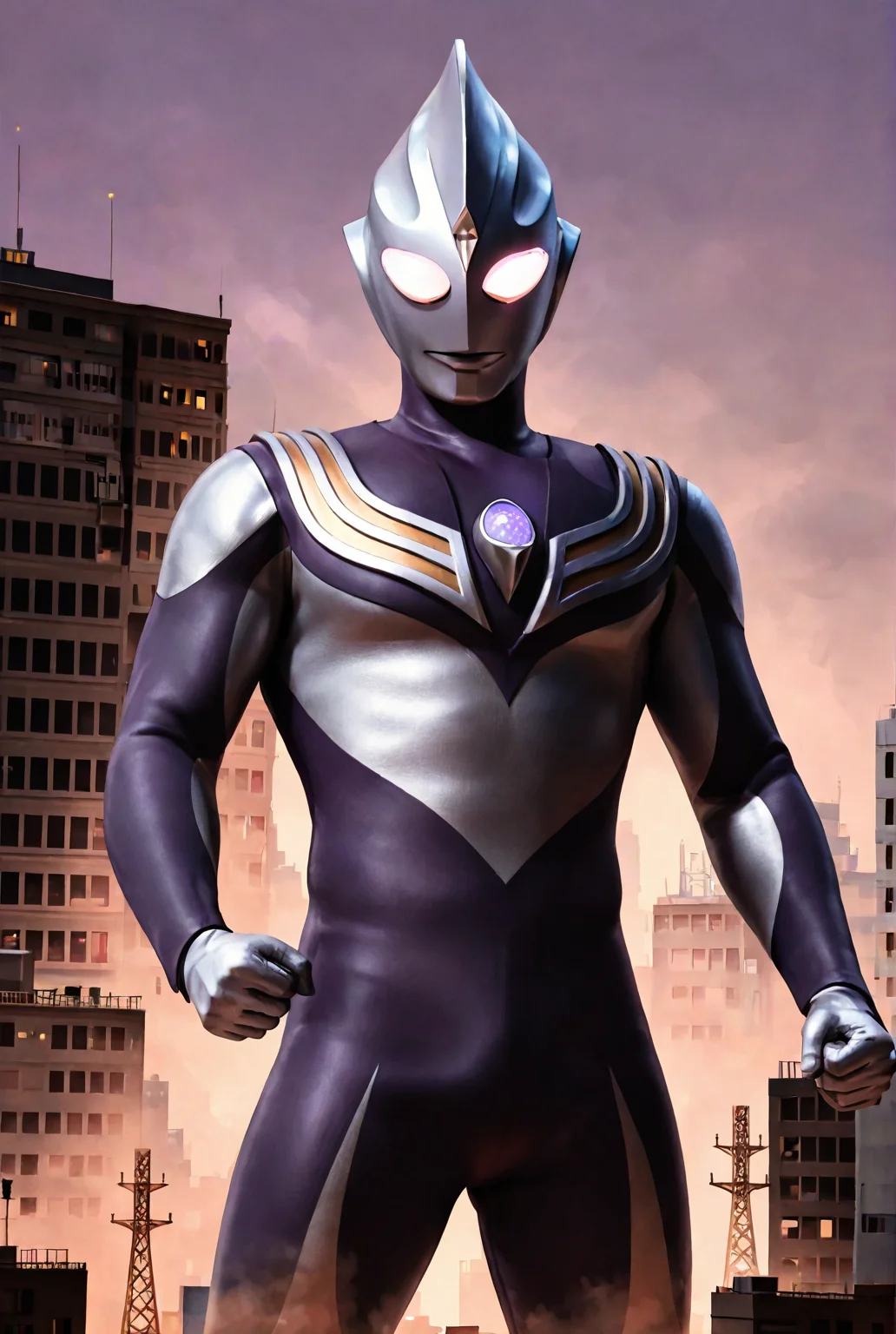 score_9,score_8_up,score_7_up,best quality,ultra-detailed,high resolution,digital painting,8k,1boy,solo,cowboy shot,male focus,bara,detailed face,2d,front view,alien,tokusatsu,bodysuit,glowing eyes,tiga sky type,dark purple bodysuit,standing,giant,cityscape,<lora:add-detail-xl:1>,<lora:Ultraman Tiga:0.8>,
