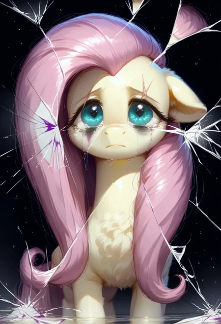 rating_questionable, score_9, score_8_up, score_7_up, pony, feral, fluttershy, reflection, Broken glass, dark theme, moody, bags under eyes, depressed, purple blood, scars, charming eyes, small tears, detailed, realistic, BREAK, zPDXL3, MegaFluffyPony, fluffy, shiny,