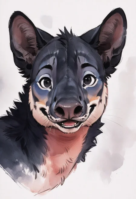 Score_9, score_8_up, score_7_up, watercolor, sketch, close up, headshot, white background,
full body, tiny tail, short fur, long nose, round nostrils, hanging nose, black fur, black eyes, mouth open, smiling,
anthro, (source_furry), M0unta1n_Tap1r