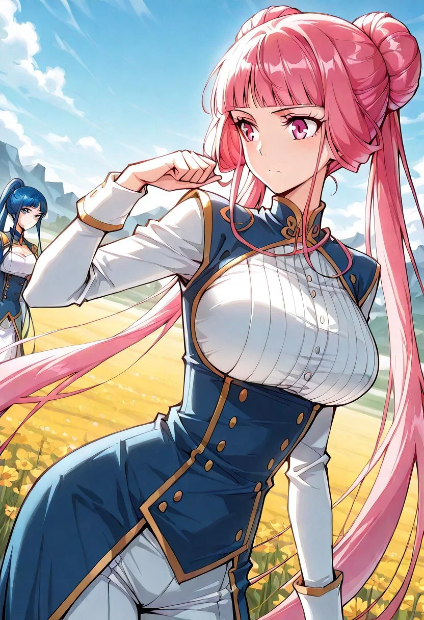 masterpiece, best quality, amazing quality,
2girls,
BREAK,
<lora:Nalan_Yanran:1>
1 girl, solo, pink hair, pink eyes, very long hair, twintails, bangs, blunt bangs, ponytail, big breasts,
BREAK,
<lora:Qin_Ruxue:1>
1 girl, solo, blue hair, blue eyes, bangs, single hair bun,
score_9, score_8_up, score_7_up, very aesthetic, source_anime, detailed, high quality, beautiful, masterpiece, detailed eyes, field, blurry background, pose dynamic angle, cowboy shot,