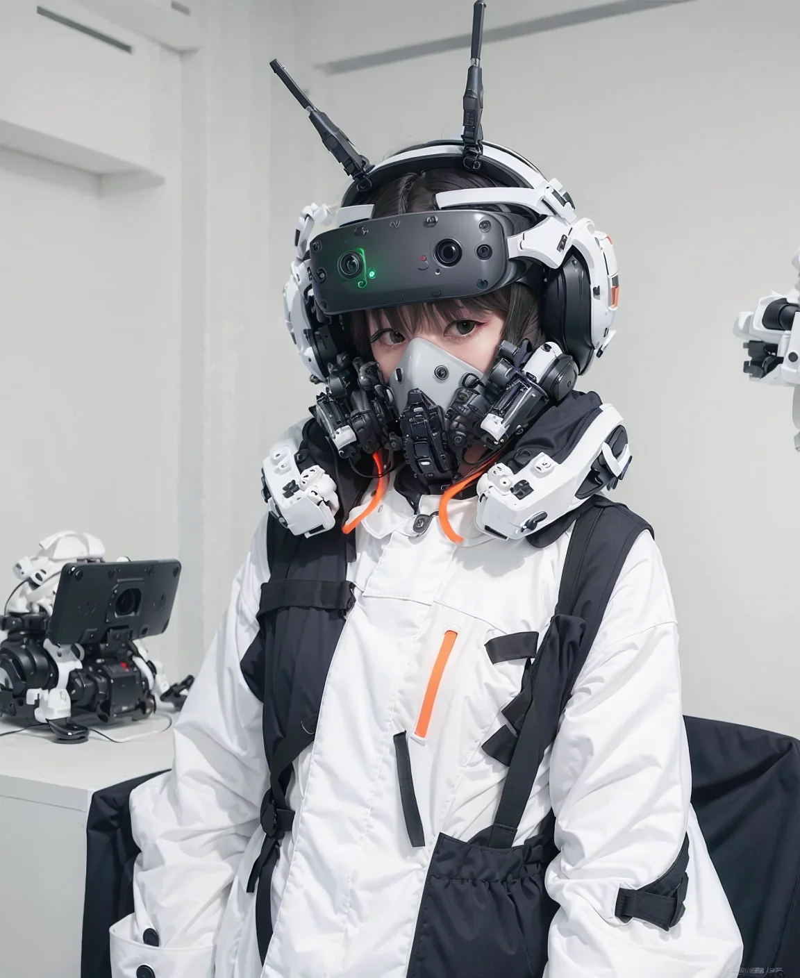 (masterpiece, sidelighting), realistic, 1woman, ((wearing a white full coverage VR - techpunkmask with designed antenna)), (wearing jacket), (fluorescent orange hair), colorful smoke fills the surrounding area, in the office, happy, flowers, butterfly <lora:techpunkmask_v0.4-000003:0.8>