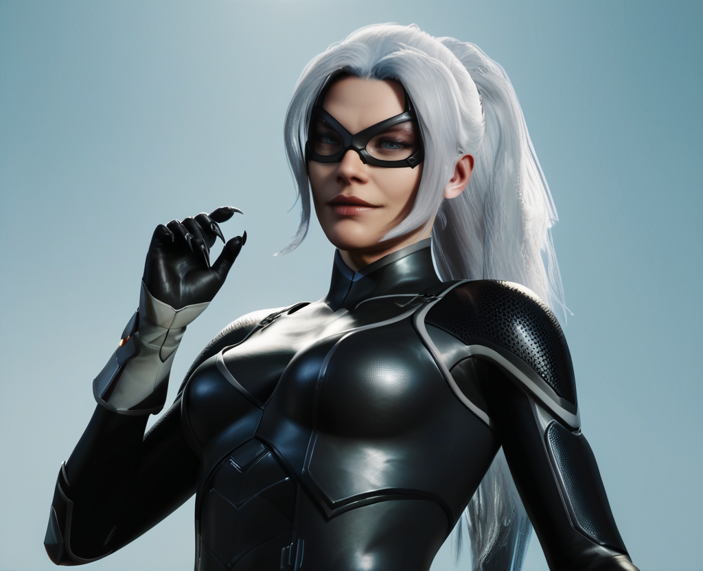 score_9,score_8_up,score_7_up,score_6_up, 3d, realistic, <lora:Black_Cat_ps4ps5_Pony-000007:0.6> , blackcat, 1girl, long hair, gloves, ponytail, white hair, bodysuit, black bodysuit, domino mask, looking at viewer,