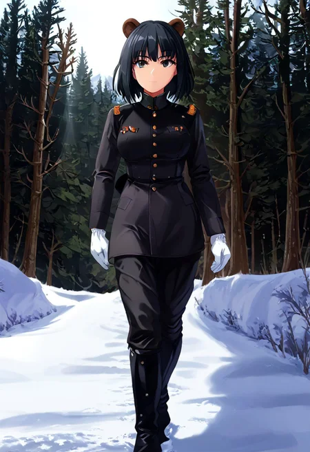 black hair, girl, black military uniform, gloves, outdoors, walking, bear ears, trees, sun rays, snow, angled view