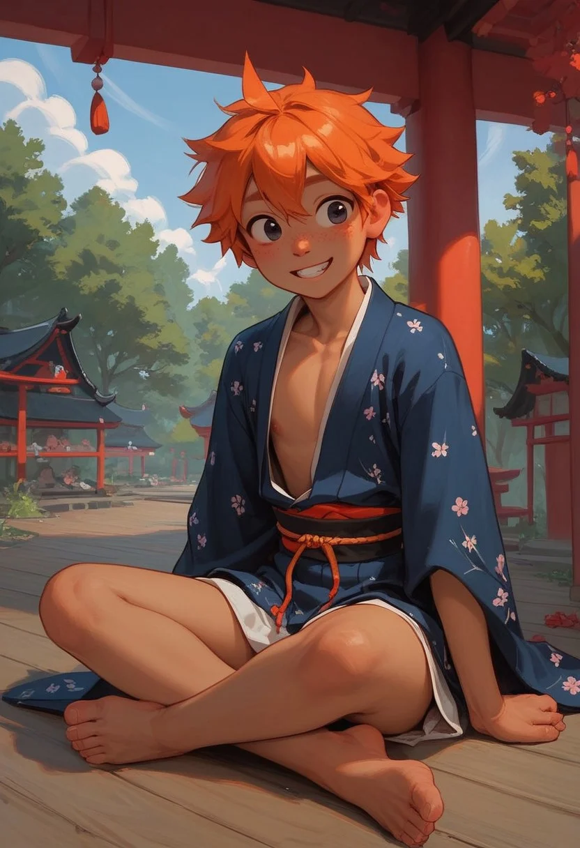score_9, score_8_up, score_8_up, 1boy, cute 18yo boy, cute asian boy, playful, twink, messy orange hair, androgynous ((tanned skin)), slender body, black eyes, young round face, innocent look, petite body, traditional japanese garden, outdoors, wood floor, male japanese festival clothes, alone, smiling