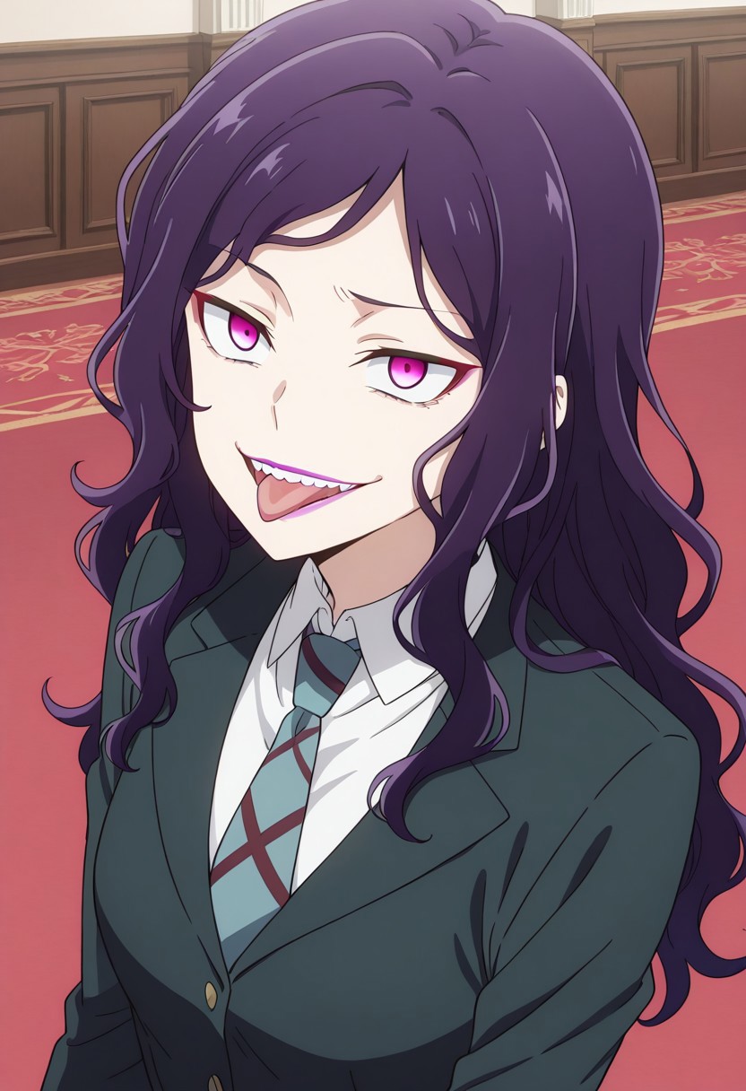 masterpiece, best quality, amazing quality,1girl, solo, BREAK
,beltosiekwk,purple hair,long hair, wavy hair, purple eyes,makeup,lipstick, school uniform,necktie,
BREAK
,ballroom,upper body, evil smile, teeth,tongue out