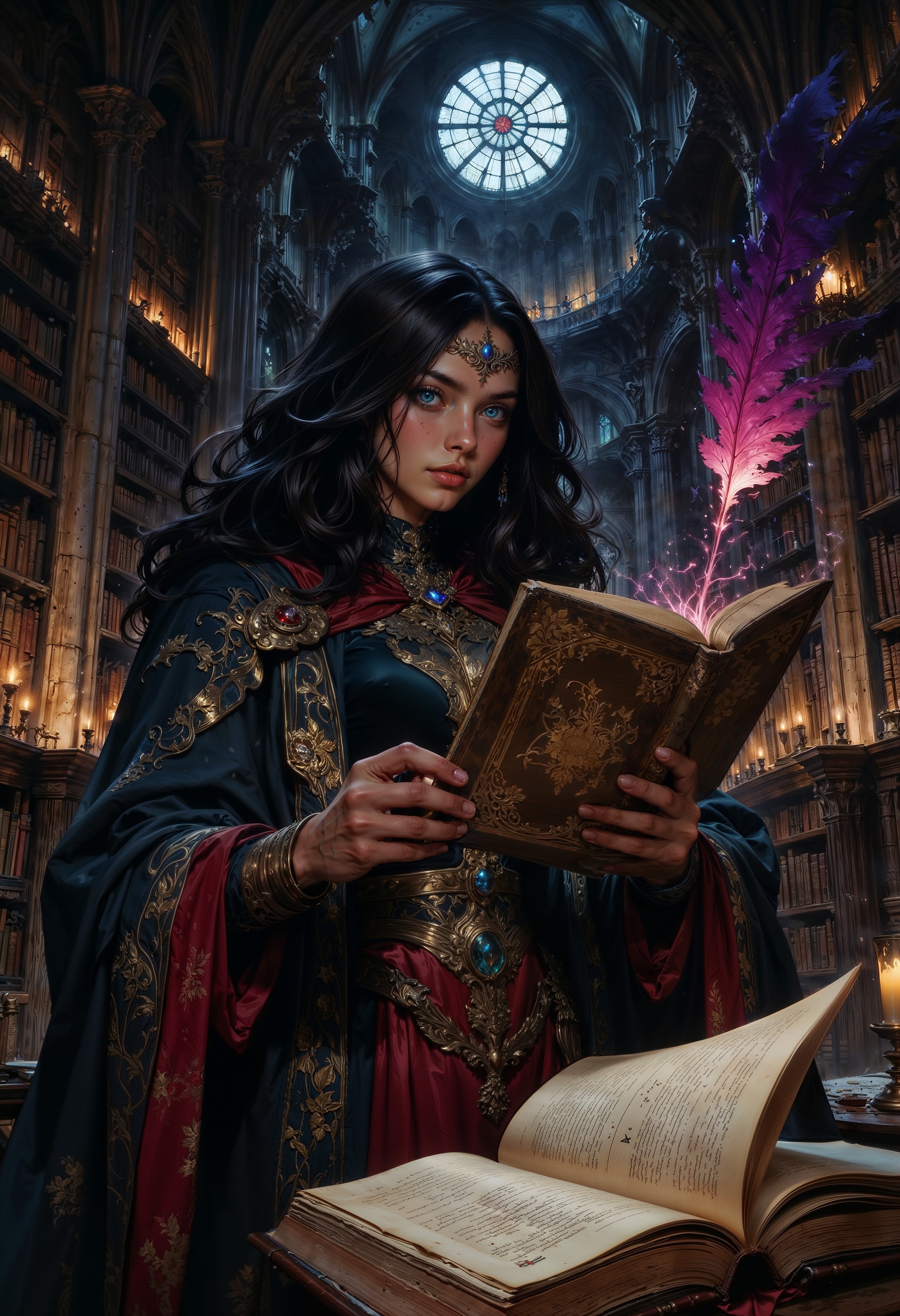 A mysterious librarian of forbidden knowledge, Seraphine Vale dwells within a vast, candlelit cathedral library where the very air hums with arcane whispers. Her long, raven-black hair cascades down her back, partially covering a velvet cloak embroidered with eldritch symbols. Her piercing violet eyes glow faintly, revealing glimpses of the secrets she guards. In one hand, she holds an ancient tome bound in shadowy tendrils that seem to move on their own; in the other, an ethereal quill that writes prophecies in midair. The dim light flickers as she turns a page, revealing glyphs that shift and rewrite themselves. The air is heavy with dust and the scent of aged parchment. Gothic fantasy, dark academia, highly detailed, atmospheric lighting.