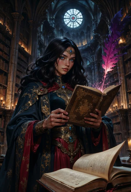 A mysterious librarian of forbidden knowledge, Seraphine Vale dwells within a vast, candlelit cathedral library where the very air hums with arcane whispers. Her long, raven-black hair cascades down her back, partially covering a velvet cloak embroidered with eldritch symbols. Her piercing violet eyes glow faintly, revealing glimpses of the secrets she guards. In one hand, she holds an ancient tome bound in shadowy tendrils that seem to move on their own; in the other, an ethereal quill that writes prophecies in midair. The dim light flickers as she turns a page, revealing glyphs that shift and rewrite themselves. The air is heavy with dust and the scent of aged parchment. Gothic fantasy, dark academia, highly detailed, atmospheric lighting.