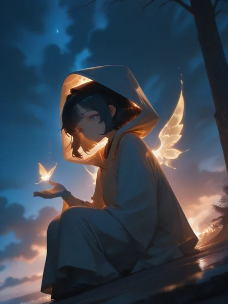 <lora:ponyv6_noobV1_2_adamW:1>
<lora:Dark_Angel_IL:1>
1girl, autumn leaves, bare tree, black hair, bug, burning, candle, chinese clothes, cloud, fireflies, fireplace, galaxy, glowing butterfly, hoodie, lake, light particles, mini wings, nature, night, plant, sitting, solo, stairs, star \\(sky\\), star \\(symbol\\), starfish, starry background, sunset, white gloves, wide sleeves, wings, yellow butterfly