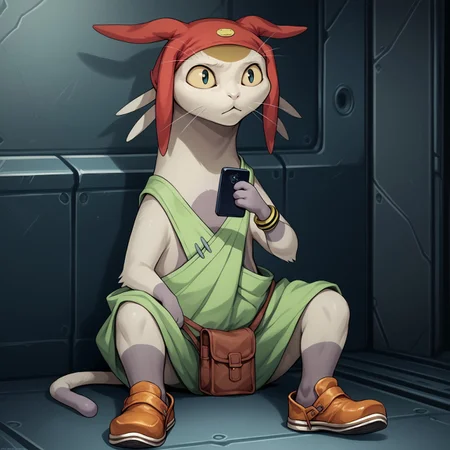 meowspacedandy, score_9, score_8_up, score_7_up, detailed, solo, full body, 1boy, hat, yellow sclera, overalls, bag, bracelet, tail, shoes, sitting, holding phone, BREAK, science fiction