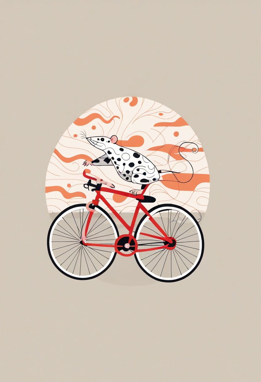 score_9, score_8_up, mpzthzz, memphis corporate design, flat art, flat coloring, simple, vector art, corporate art, cel shading, cel shaded, white rat, stylized rat, minimalist rat, geometric rat, rat on bicycle, streamlined rat, motion, dynamic composition, Memphis-style elements, decorative shapes, bold corporate colors, abstract patterns, clean lines, sharp edges, whimsical, modern