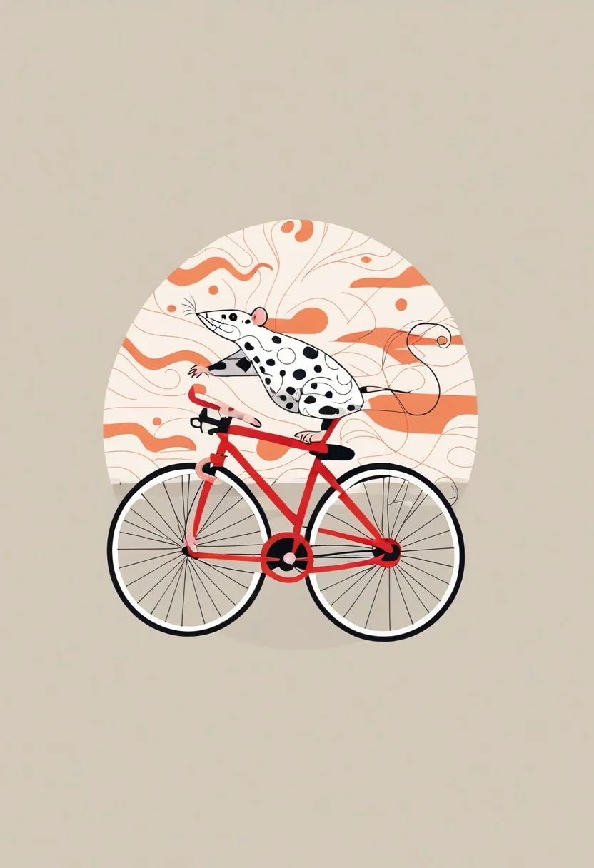 score_9, score_8_up, mpzthzz, memphis corporate design, flat art, flat coloring, simple, vector art, corporate art, cel shading, cel shaded, white rat, stylized rat, minimalist rat, geometric rat, rat on bicycle, streamlined rat, motion, dynamic composition, Memphis-style elements, decorative shapes, bold corporate colors, abstract patterns, clean lines, sharp edges, whimsical, modern