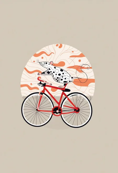 score_9, score_8_up, mpzthzz, memphis corporate design, flat art, flat coloring, simple, vector art, corporate art, cel shading, cel shaded, white rat, stylized rat, minimalist rat, geometric rat, rat on bicycle, streamlined rat, motion, dynamic composition, Memphis-style elements, decorative shapes, bold corporate colors, abstract patterns, clean lines, sharp edges, whimsical, modern