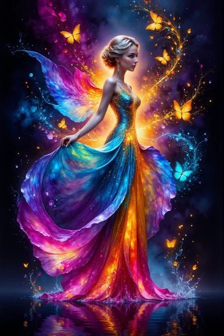 <lora:AISIL_style:1.0> AISIL style digital artwork with intricate and vibrant background.
A celestial figure stands gracefully against a backdrop of an infinite, star-speckled void, her presence radiant and commanding. She wears a flowing gown that seems woven from the very essence of the cosmos, glowing in vibrant hues of neon pink, electric blue, fiery orange, and golden yellow, with the colors blending like liquid light. The dress cascades in surreal, rippling patterns, adorned with luminous orbs and celestial symbols that appear to orbit her, evoking planets and stars. Trails of ethereal, glowing streams extend from her gown, curling upward like tendrils of cosmic energy, illuminating the darkness around her. Her serene expression and poised stance exude confidence and mystique, while her skin glows faintly with the iridescence of starlight. Her hair is swept into an elegant style, shimmering with silvery tones that complement the otherworldly palette. Surrounding her are radiant butterflies, their wings glowing with soft light in colors of neon pink, amber, and violet, fluttering gently like fragments of dreams given form. Below her, the reflective surface of a still, dark pool mirrors the vibrant colors and cosmic elements of the scene, enhancing the surreal, dreamlike atmosphere. The interplay of light, shadow, and radiant color gives the composition a painterly quality, reminiscent of fantasy surrealism, immersing the viewer in a magical, otherworldly narrative.