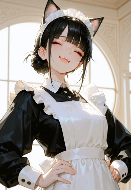masterpiece, amazing quality, very aesthetic,soft focus
((( best qulity,Beautiful background,))), Pmasterpiece, best quality, very aesthetic, absurdres, solo, extremely_beautiful_detailed_anime_face, studio lighting, backlighting,1girl,black hair, single hair bun, blunt bangs, mole , red eyes,depth of field, maid outfit, white pantyhose, cat ears, eyes closed,smug,open mouth,hands on hip,upper body